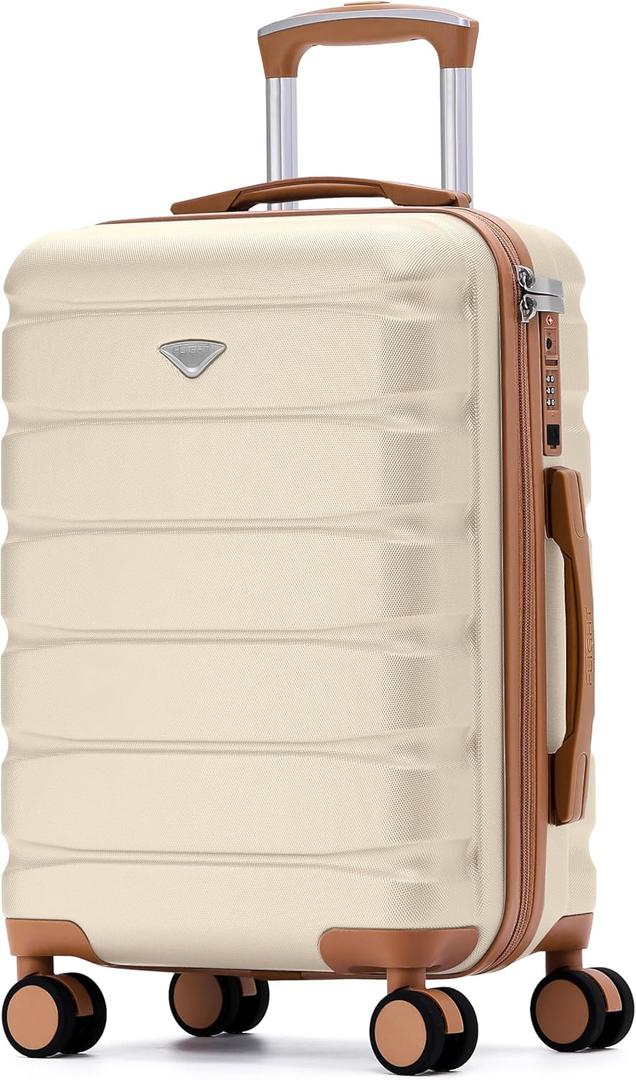 Suitcase 22x14x9 Carry On Hardside With Built In TSA Lock & USB Port Lightweight Luggage Silent Double Spinner Wheels Maximum Carry-On Bag Size For American & United Approved Airlines (Cream/Tan)