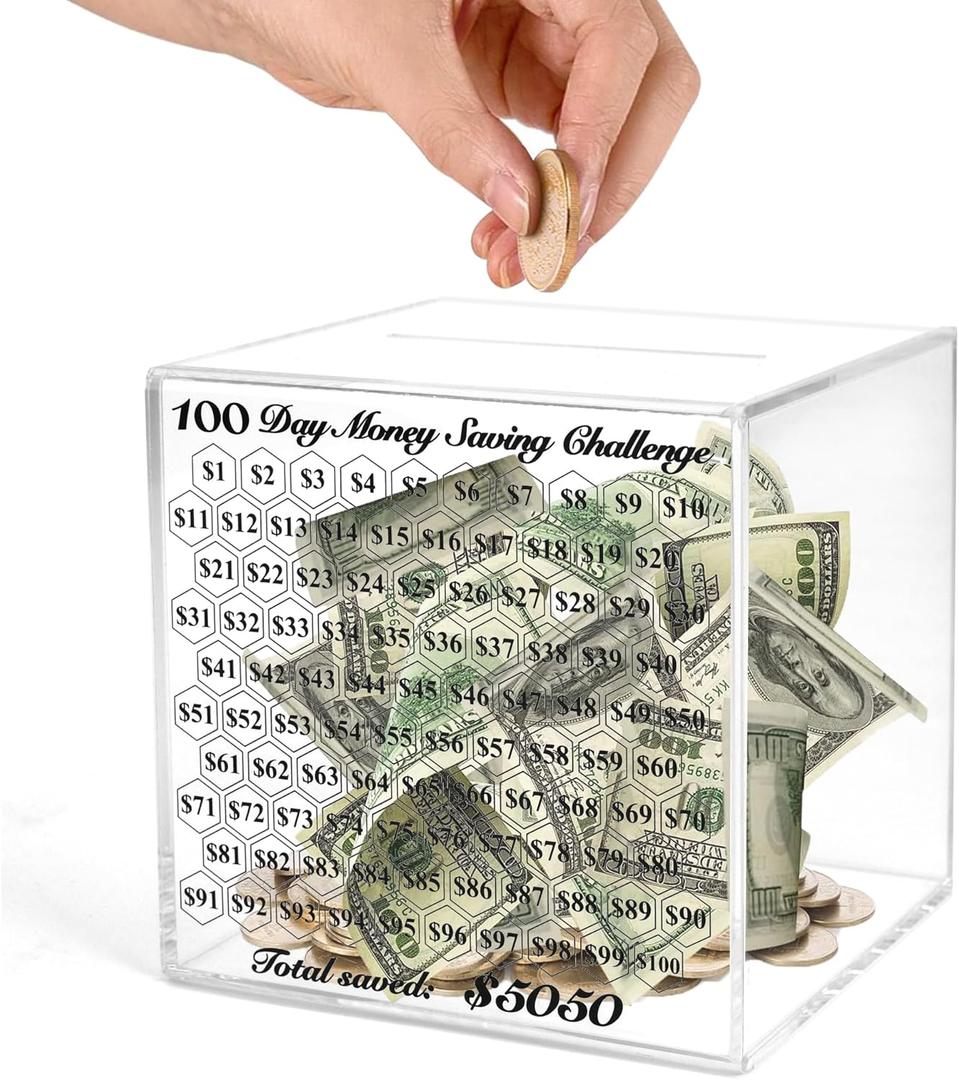 Piggy Bank for Adults, Unbreakable Piggy Bank, Clear Acrylic Money Box, 100 Day Money Saving Challenge Box for Cash Coin, Must Break to Open, Easy and Fun Way to Save $5,050
