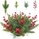 60 Pcs Artificial Christmas Greenery Faux Pine Branches with Red Berry Stems Fake Greenery Pine Picks Christmas Pine Needles for Christmas Tree Wreath Garland DIY Crafts Holiday Home Decoration