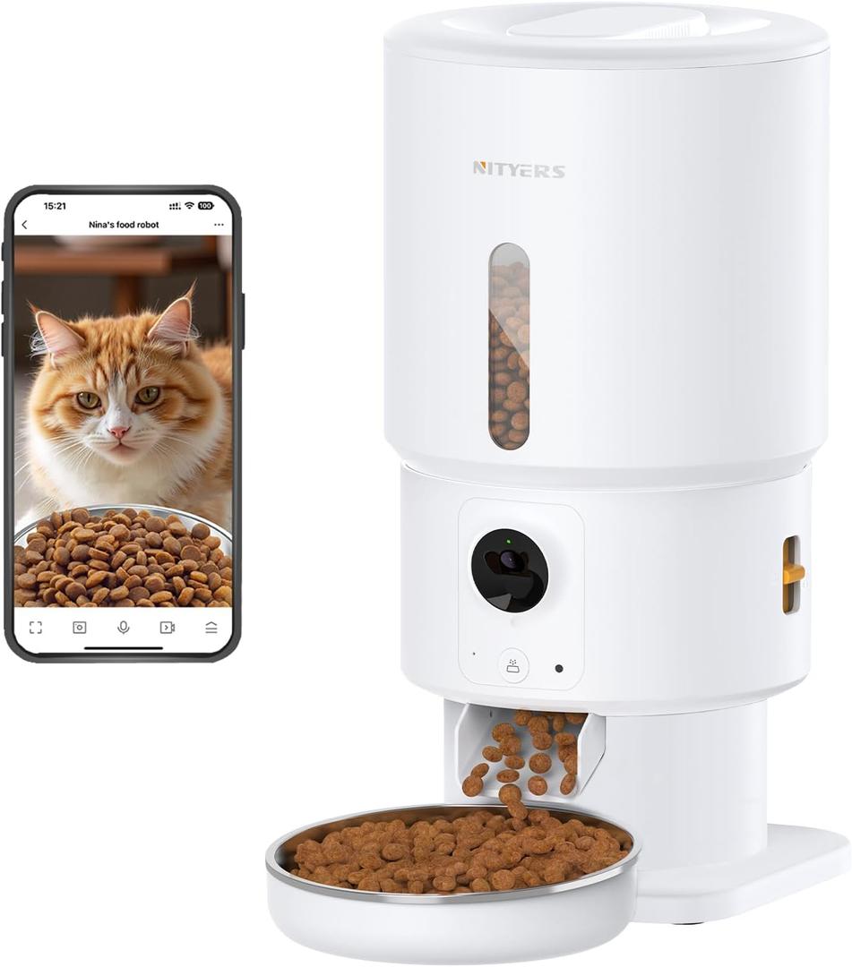 Automatic Cat Feeder with Camera - 5G WiFi Timed Cat Food Dispenser, 1080P HD Video with Night Vision, 1-15 Meals, 1-99 Portions, 2-Way Audio, Keeps Dry Food Fresh, 5L Auto Pet Feeder Also for Dogs (White)