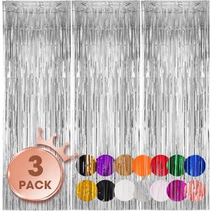 Voircoloria 3 Pack 3.3x8.2 Feet Silver Foil Fringe Backdrop Curtains, Tinsel Streamers Birthday Party Decorations, Fringe Backdrop for 2025 New Years Eve, Graduation, Baby Shower, Gender Reveal