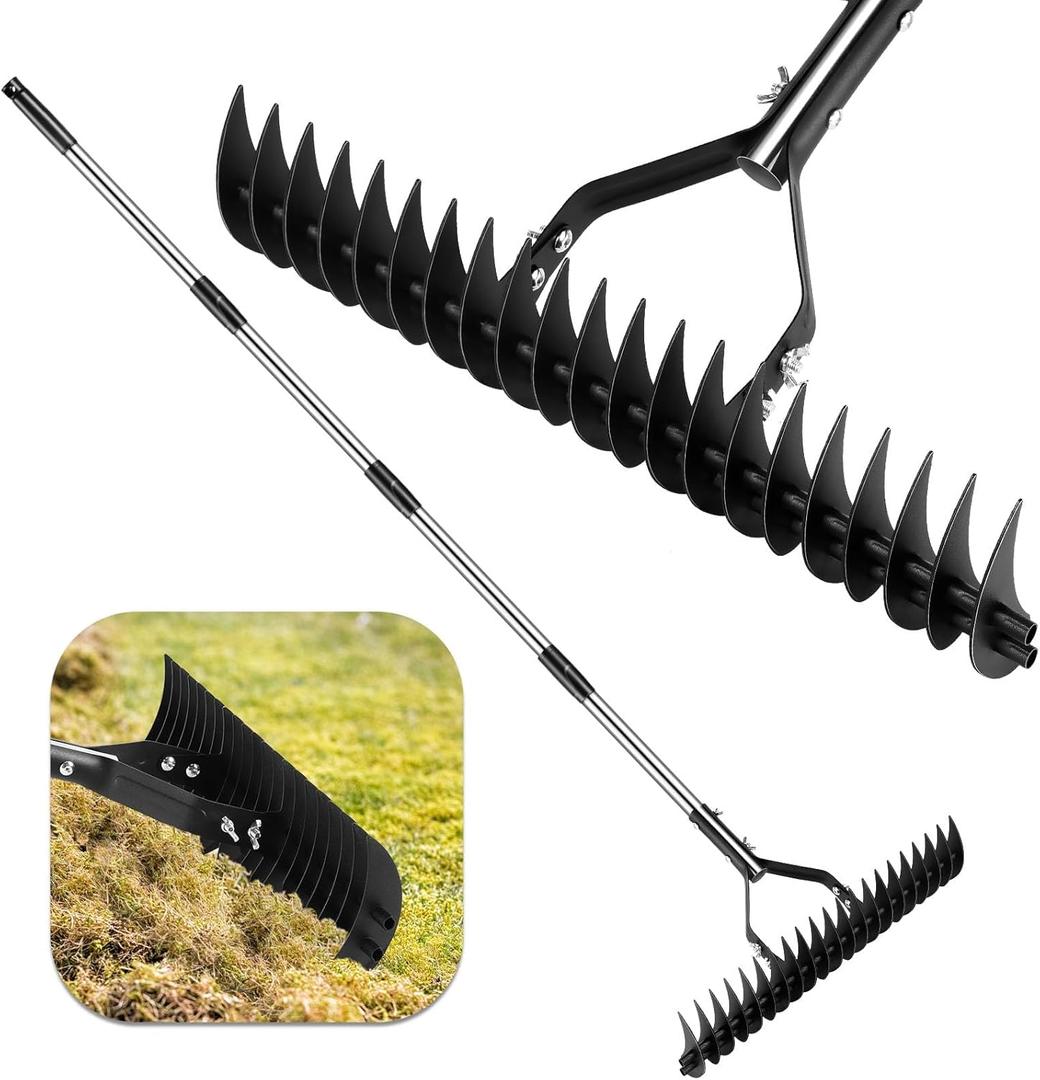 Widened 16-Inch Thatch Rake, Thatch Rakes for Lawns, Thatching Rakes for Lawns, Steel Metal Dethatching Rake with Handle, More Effective Thatching Rake for Cleaning Dead Grass, Lawn Yard Garden