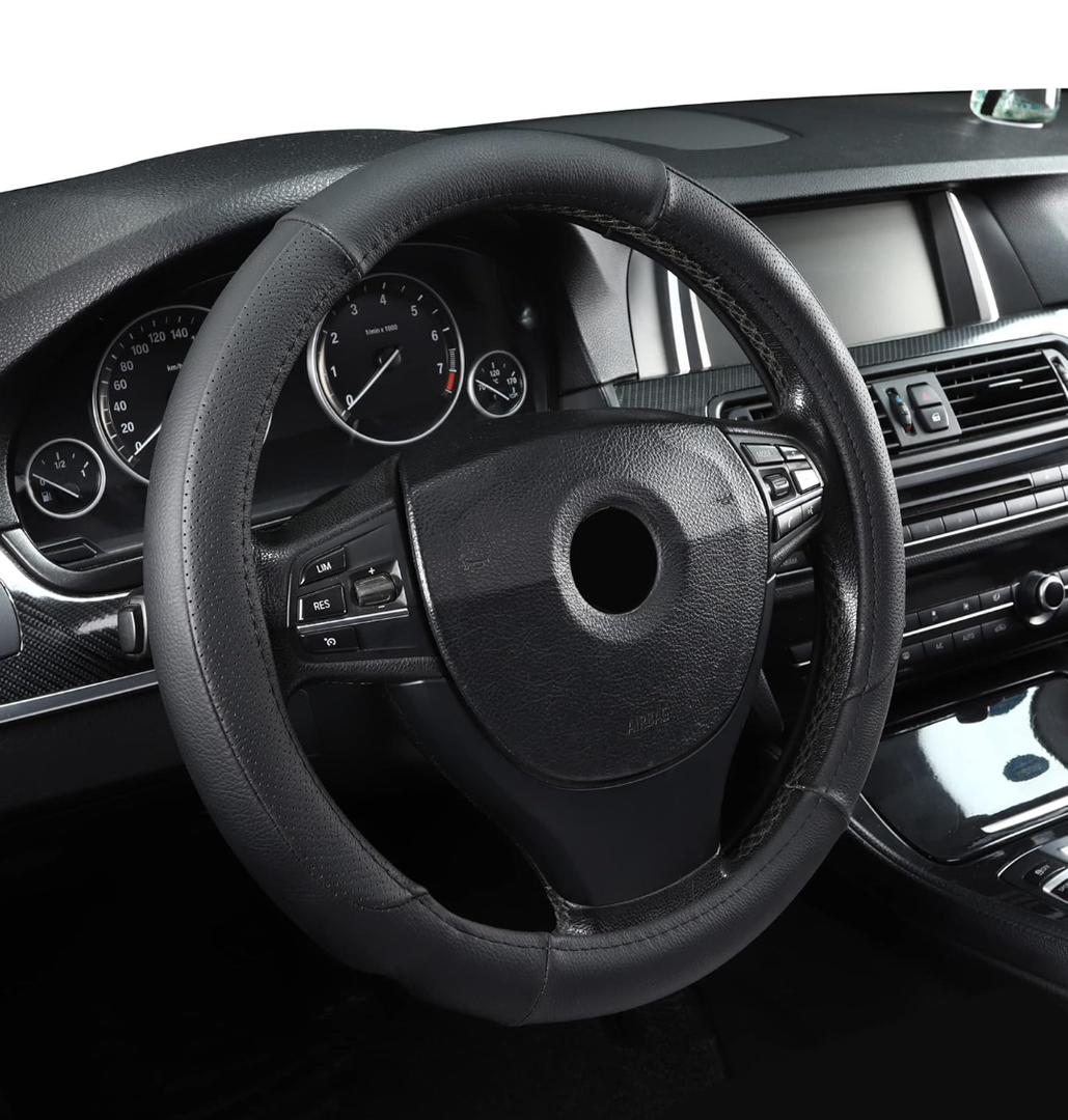 Microfiber Leather 16 Inch Universal Fit Car Steering Wheel Cover Elastic Non-Slip Breathable and Odourless Black