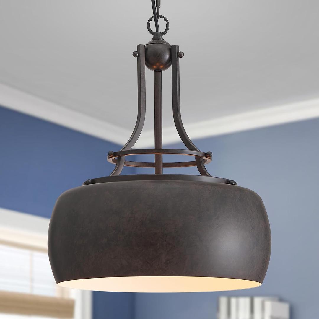 WUZUPS Chandelier Rustic Farmhouse Industrial Round Ceiling Pendant LED Light Fixture with Open Bottom Drum Shade, H 15.7" x W 13.4", Distressed Rust, Pendant Light, 15.7" High 13.4" Wide