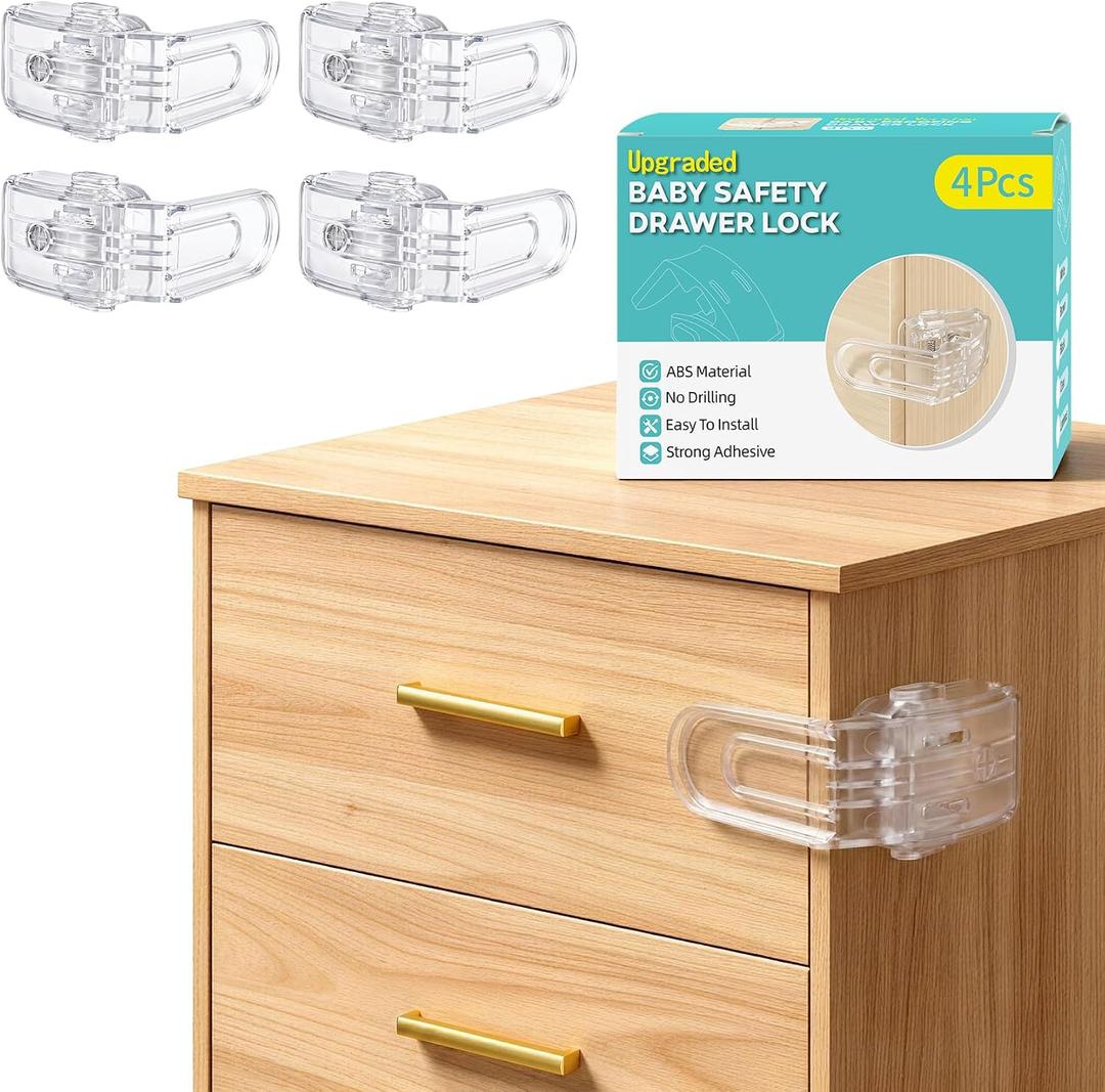 Viaky Baby Proofing Drawer Locks, Adhesive Safety Locks, Clear 4 Pack | Dual-Button Squeeze Release Keeps Toddlers Safe, No Drilling or Tools for 90-Degree Drawers Cabinets
