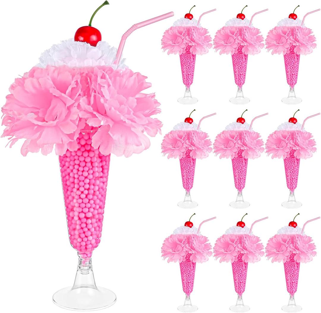 VAIPI 10 Sets 50's Soda Shop Party Decor 1950s Party Decorations Include 50 Artificial Carnation Flowers 10 Soda Glasses 10 Straws 10 Cherries for Valentine's Day Table Centerpieces (Pink)