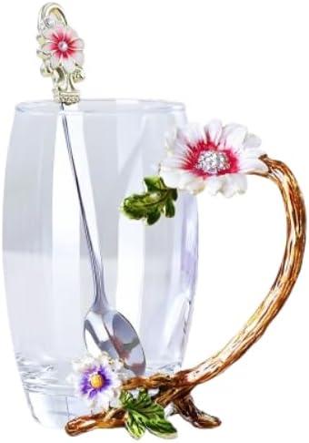 The Pure Embrace Flower Glass Tea/Coffee Cup, Gift for Mom, Birthday Gift for Women, Lead-Free Enamel Glass with Spoon (Large) (13 Ounces)