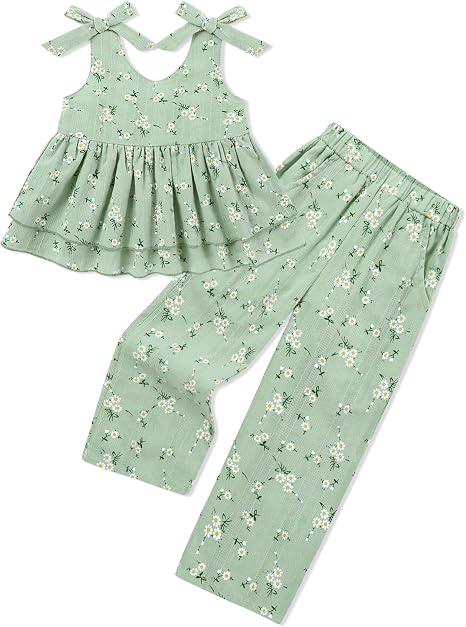 SANMIO Toddler Baby Girl Clothes Floral Summer Outfits Ruffle Sleeveless Tops with Wide Leg Pants Clothing Set for 1-5T (3-4 Years)