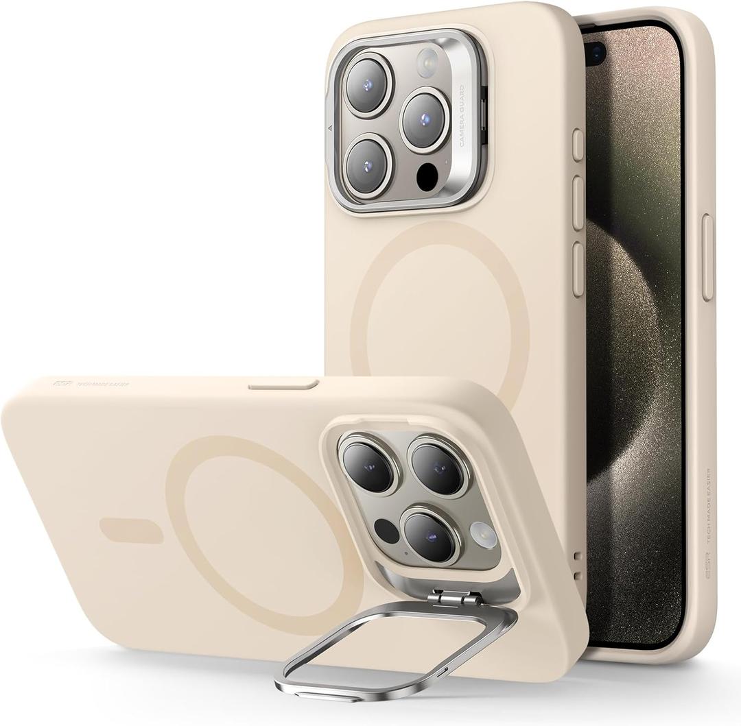 ESR for iPhone 15 Pro Case, MagSafe Silicone Case with Stand, Military-Grade Protection, Built-in Camera Stash Stand, Magnetic Phone Case for iPhone 15 Pro, Cloud Series,Light Tan