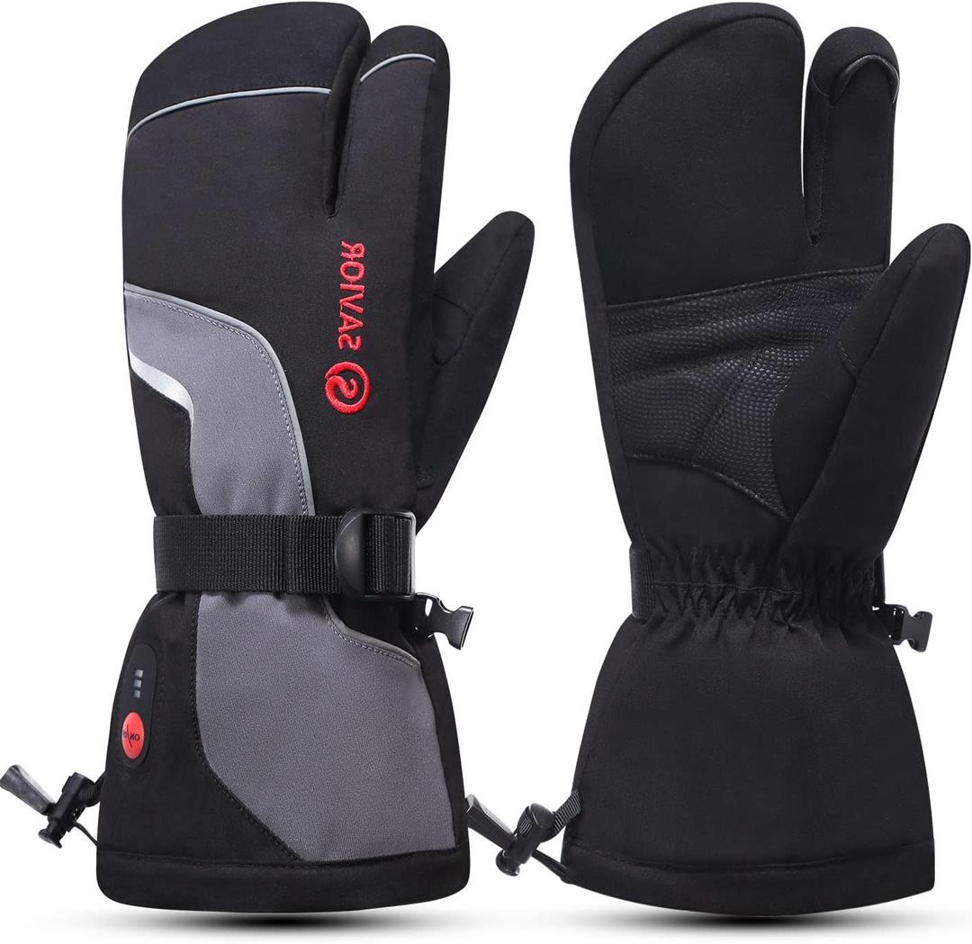 SAVIOR HEAT Heated Ski Mittens 3-Finger Gloves Electric Rechargeable Battery Mitts for Men Women Kids Winter Snowboard Motorcycle Skating Camping Hunting (Medium, Grey)