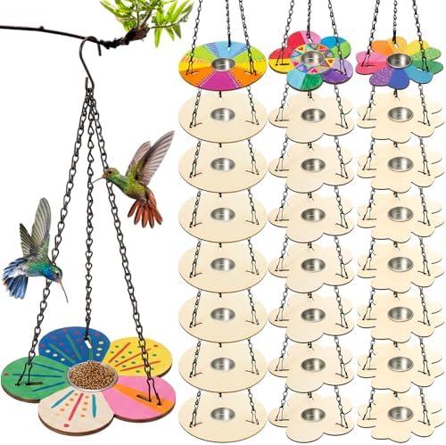 DoubleFill 24 Pack Bird Feeder Craft Kits with Chains for Kids Ages 3-8 Make Your Own Wooden Flower Bird Feeders with Aluminum Bowls DIY to Paint Craft for Garden Outdoor Activities (Flower, Round)