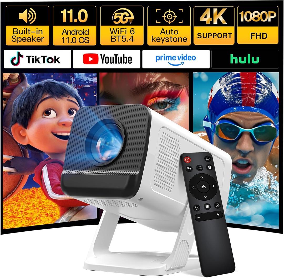 Mini Projector with WiFi 6 and Bluetooth 5.4 Built-in Apps Portable Projector Android 11 Auto Keystone 1080P 4K Support for Bedroom Outdoor Compatible with iOS/HDMI/TV Stick VisualCube 300