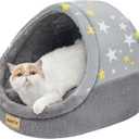 Jiupety Cute Cat Beds for Indoor Cats, Cat Cave Bed for Kittens, Burrowing Cat Bed & Puppy Bed with Anti-Slip Bottom, Washable Removable Cushion, L(19"x17"x16"), Gray Star