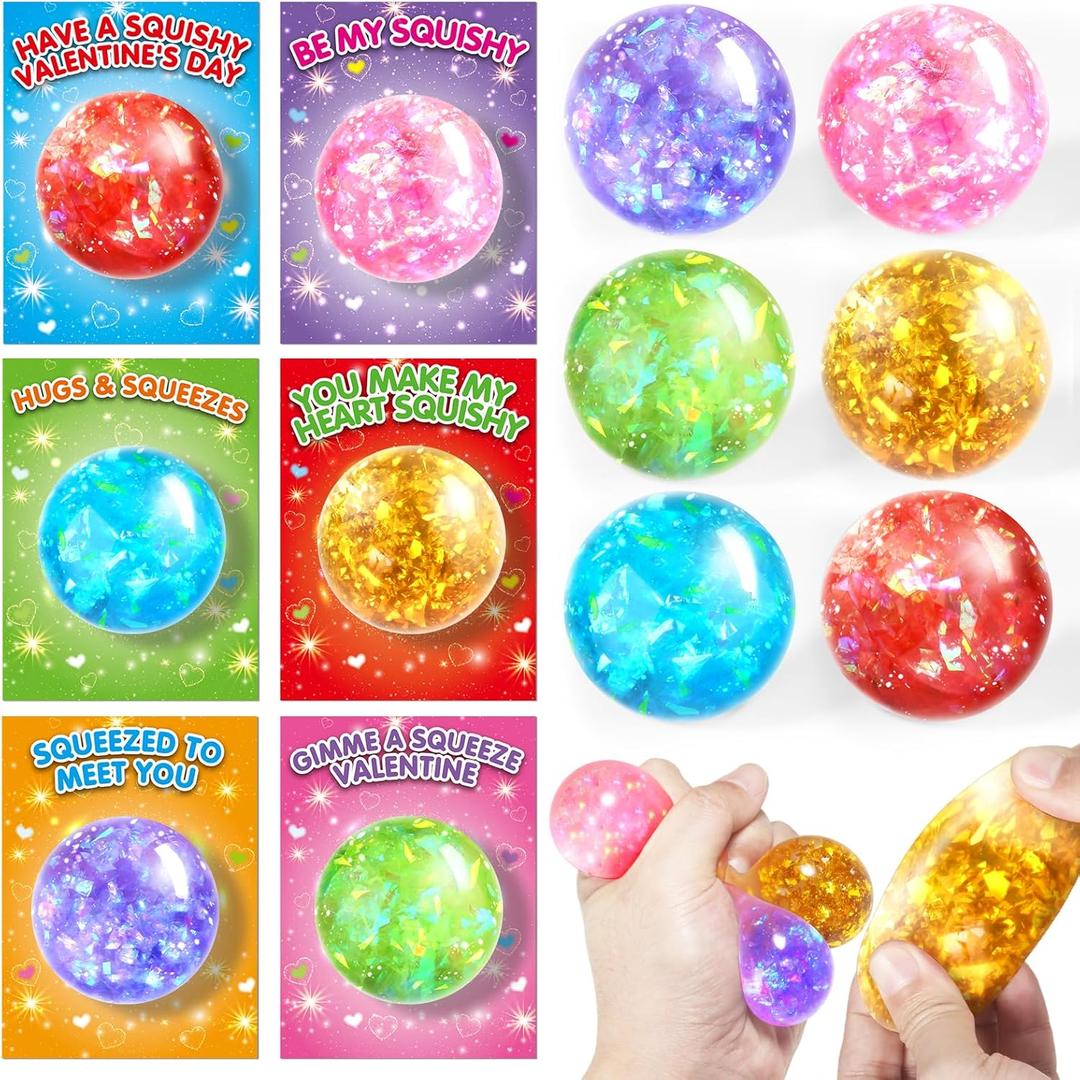 SpringFlower Valentines' Day Cards For Kids, 24 Pack Valentines Party Favors For Kids With Stretchy Balls Toys, Classroom Valentines Exchange Gifts, School Classroom Valentine's Prizes
