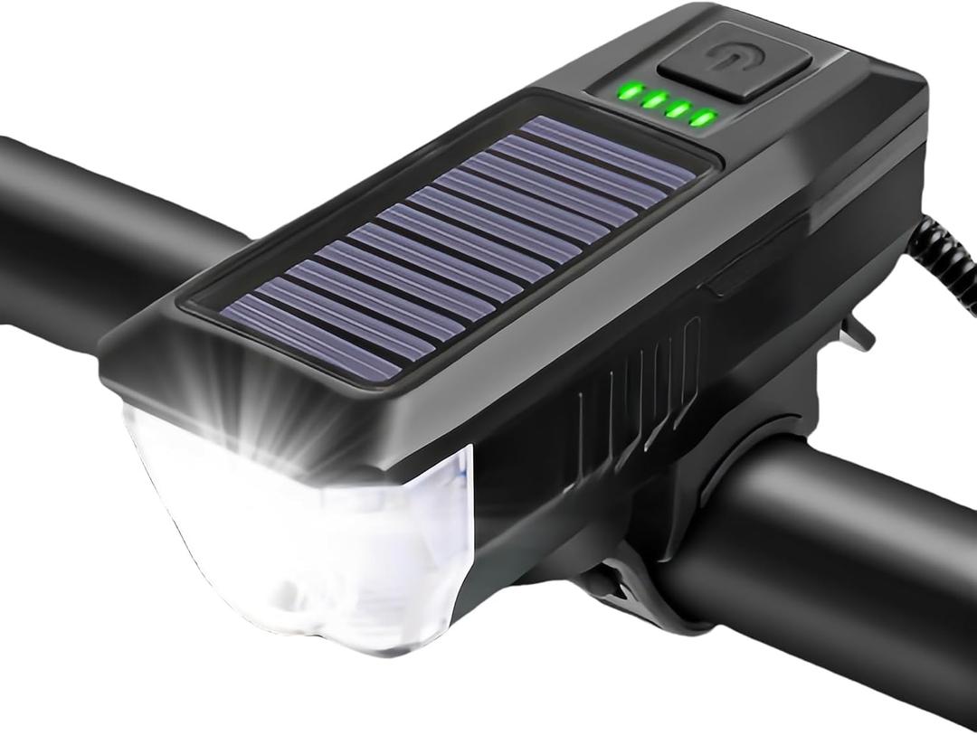 Bike Lights for Night Riding,Solar Charging Bicycle Light 3 Modes LED Road Mountain Bike Front Light Waterproof Bicycle Bell Light USB Rechargeable Headlight (Black)