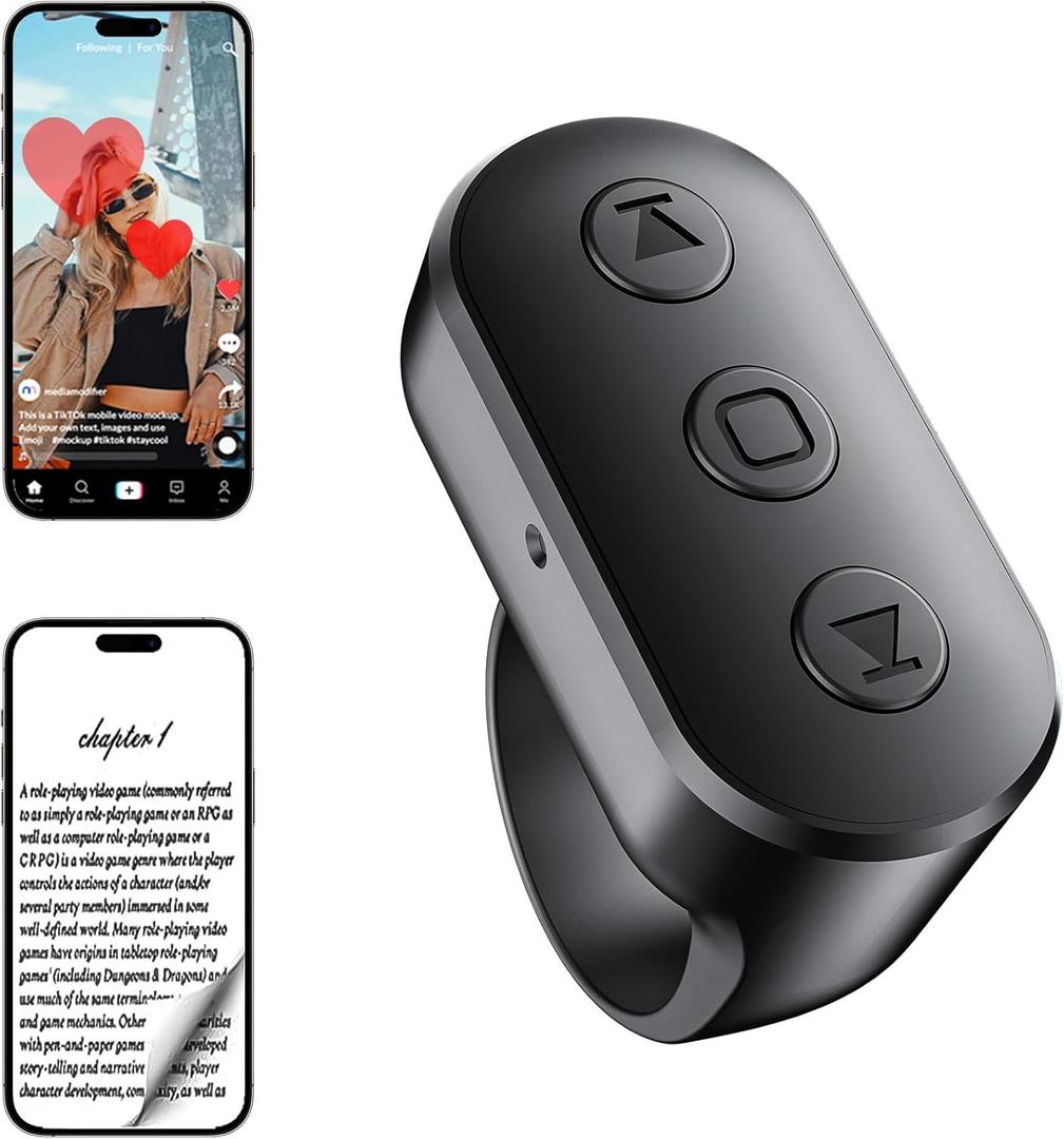 Scrolling Ring Remote for TikTok YouTube Instagram Shorts Video, Scroller Page Turner Clicker for Kindle APP Compatible with iPhone iPad Android Phone, Remote Shutter Control for Phone Camera (Black)