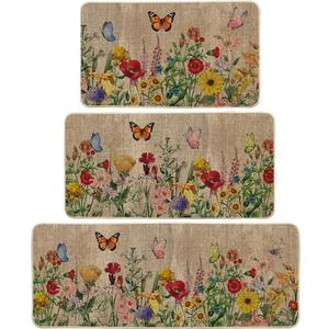 Artoid Mode Wood Flowers Butterfly Spring Kitchen Mats Set of 3, Seasonal Home Decor Leaves Low-Profile Kitchen Rugs for Floor - 17"x29"+17"x36"+17"x47" (Brown)