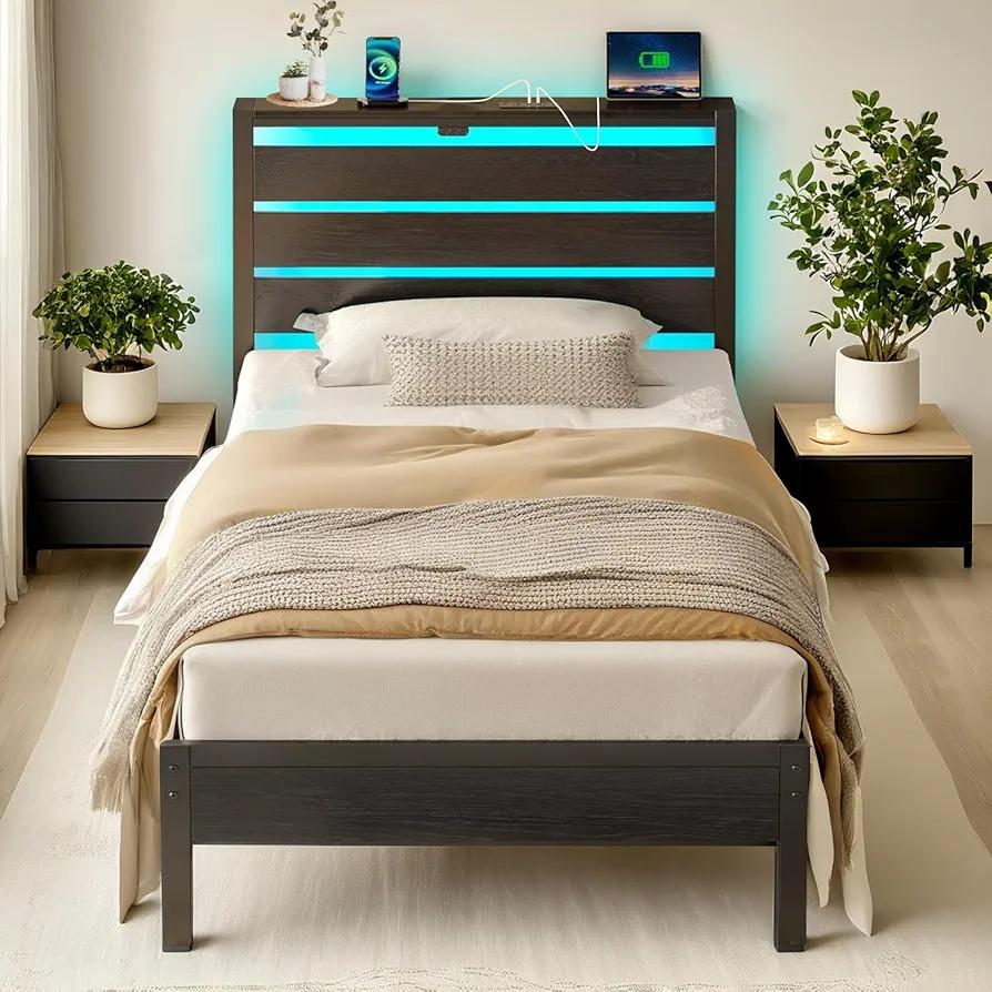 Classic Metal Platform Bed Frame-Twin Bed Frame with Headboard,Steel Slats Support-LED Bed Frame with USB Charging Station,Under Bed Storage, No Box Spring Needed, Noise Free