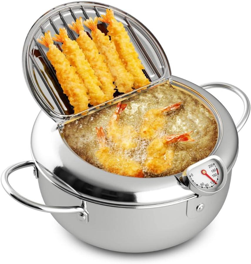 Deep Fryer Pot,4.2 L, 304 Stainless Steel with Temperature Control and Oil Drip Drainer Rack, for Kitchen French Fries, Chicken etc - Janpanese Style Tempura Frying Pot with Lid