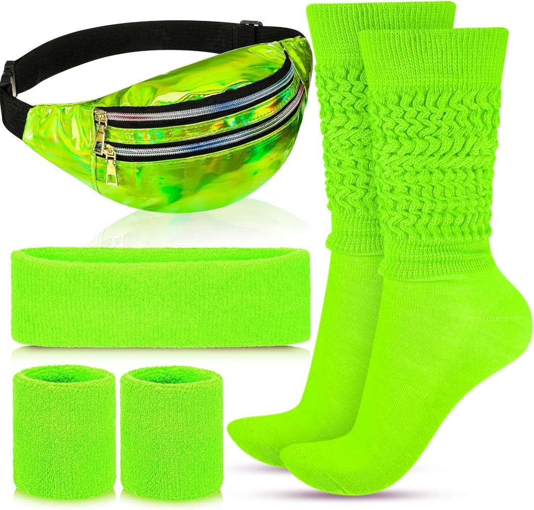 Tarpop 80s Neon Women Slouch Socks 90s Headbands Wristbands Fanny Pack Leg Warmers Sweatbands Waist Bag Women Party Costume (Green)