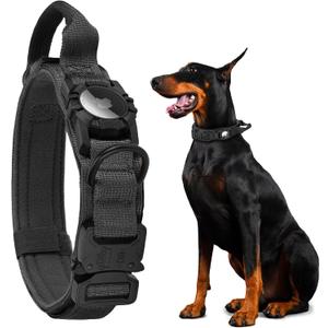 Tactical AirTag Dog Collar - Heavy Duty, Adjustable GPS Collar Compatible with Apple AirTag, with Holder & Control Handle for Medium/Large Dogs [ Black, L ] (L(16.5"-20.5"))