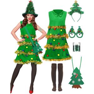 Berlune 7 Pcs Christmas Tree Costume for Women Dress Hat Headband Bag Glasses Frame Socks and Sequins Christmas Outfits (Large)