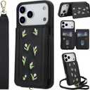 Wallet Case for iPhone 17 Pro, Magnetic Snap Flip Leather Cover with Flower Design Credit Card Holder Stand WristbandiPhone 17 Pro Protective Phone Case for Women