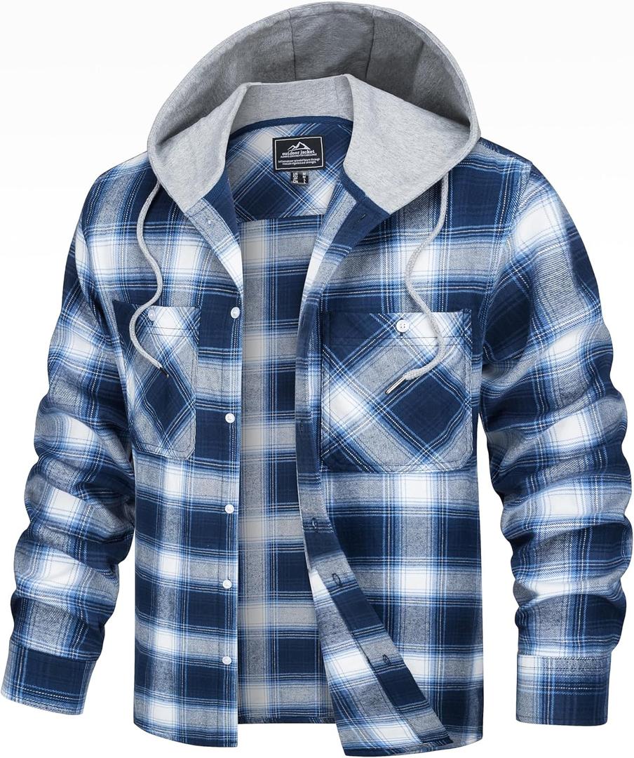 TACVASEN Men's Flannel Long Sleeve Hoodie Plaid Shirts Lightweight Cotton Button Down Casual Shirts with Pocket (Blue, XXL)