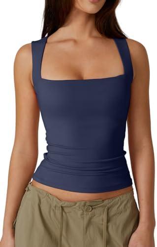 QINSEN Women's Square Neck Sleeveless Double-Layer Tank Tops Basic Tight T Shirts, Small