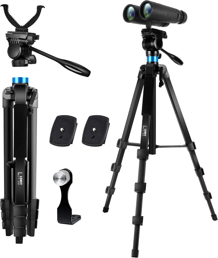 68 inch Binocular or Spotting Scope and Shooting Tripod Hunting Rest V Yoke Stand, with Binoculars Adapter and Removable 360 Rotate Fluid Head, Compatible with Binoculars/Spotting Scope/Shooting/DSLR