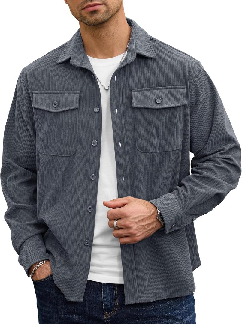 Men Corduroy Shirt Button Down Casual Ribbed Lightweight Jacket with Flap Pockets (S-XXL) (Grey)