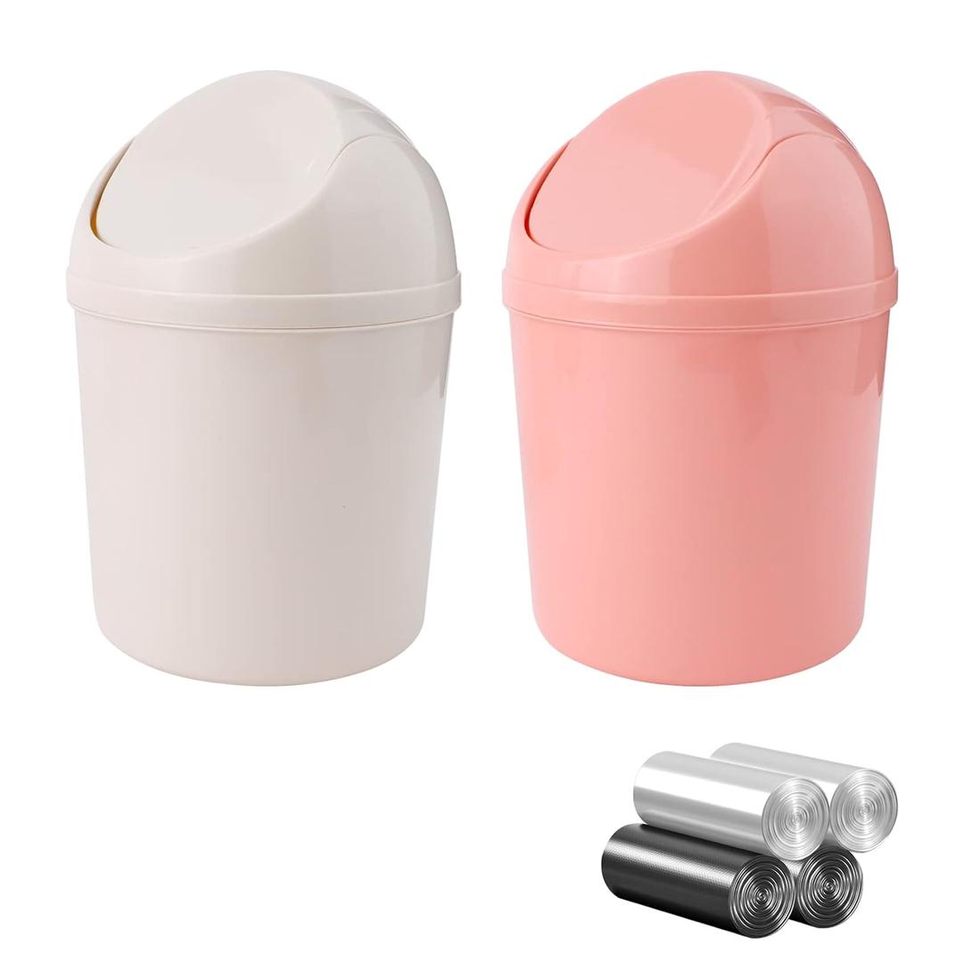 2 Pcs Plastic Mini Wastebasket Trash Can with Swing Lid with 120 Trash Bags, Tiny Desktop Waste Garbage Bin for Home, Office, Kitchen, Vanity Tabletop, Bedroom, Bathroom (Pink + Beige)