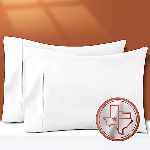 TEXAS LINEN CO. 100% Egyptian Cotton Pillow Cases Set of 2, Texan Talkin' Collection 600 Series Standard/Queen Pillowcase for Sleeping (White), Sateen Bed Pillow Cover, Extra Long Staple Pillowcases, 21 x 32