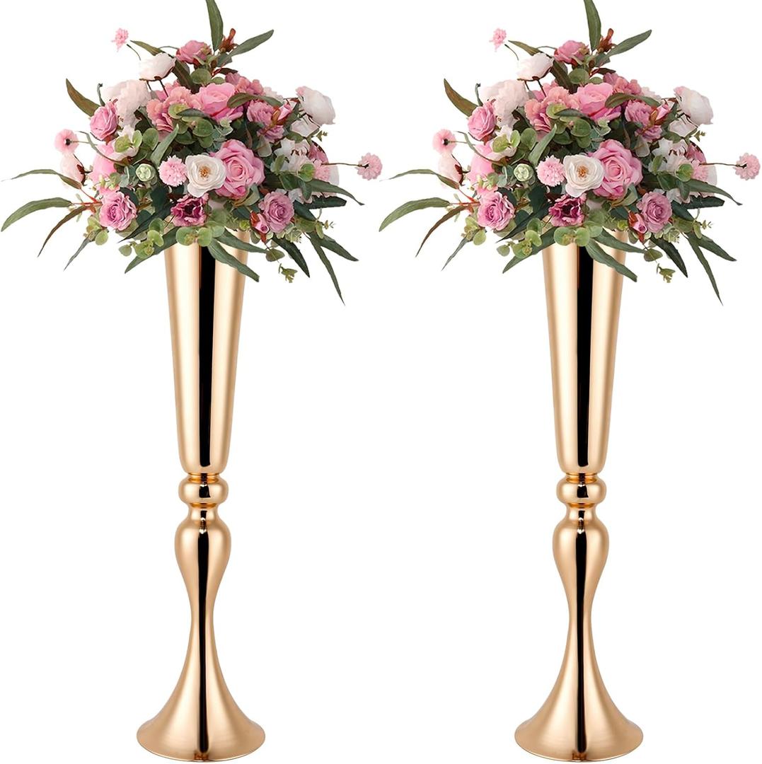 Gold Vase for Wedding Centerpiece, 2Pcs Metal Trumpet Vase 22" Tall Flower Stand for Wedding Table Centerpiece Decoration Floral Arrangement for Reception Bridal Party Decor