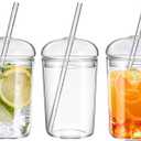 DOITOOL Glass Cups with Lids and Straws: 3PCS 32oz Glass Coffee Ice Tea Water Cocktail Cups Clear Glass Drinking Cup Reusable Tumbler with Lid and Straw for Tea Juice Iced Coffee
