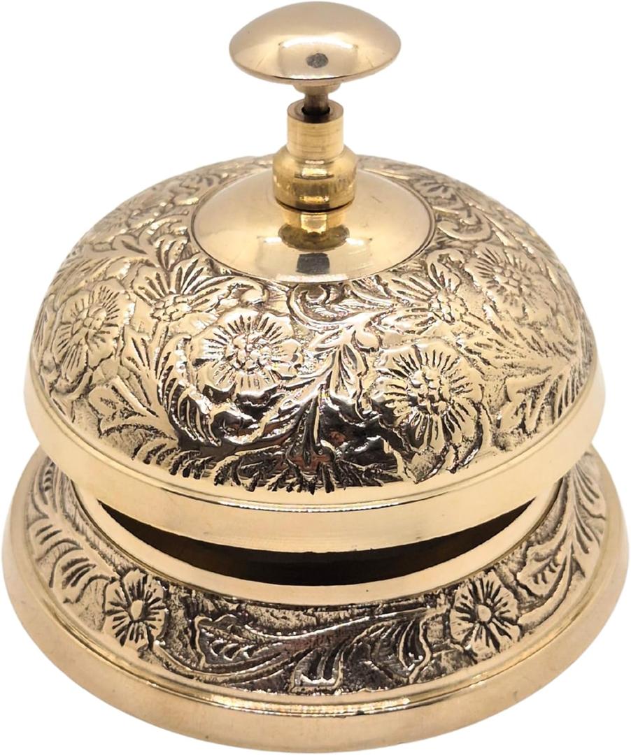 Desk Bell Brass Vintage Floral Embossed Solid Brass Call Bell for Office Hotel and Counter Dcor Antique Reception Bell with Traditional Artwork Loud Ring Service and Decorative Ornate Design
