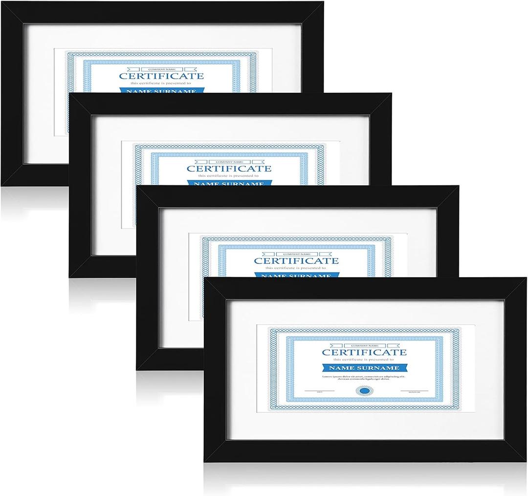 Namalu 5 x 10 Inch Black Business License Frame Bulk Set of 4 Includes 4 Certificate Document Frames and 4 Mats for Business License Document Display Attached for Wall Desktop Tabletop