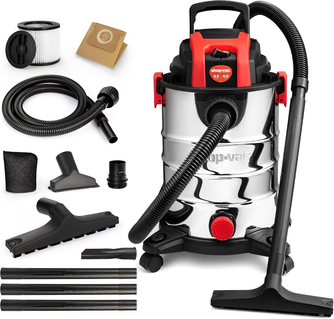 Shop-Vac 6.5 Gallon 4.0 HP Wet/Dry Vacuum with Blower Function, Stainless Steel Tank, Portable Shop Vacuum with Wheels, Includes Filters, Hose & Accessories, Ideal for Garage and Workshop