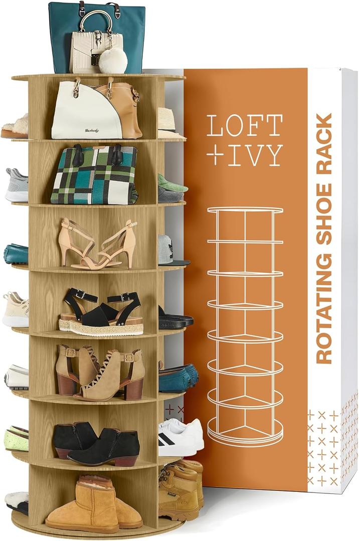 LOFT + IVY 7 Tier Rotating Shoe Rack Tower 360° Spinning Storage Organizer, Modern Round Shoe Carousel for Closet, Entryway, Bedroom Space Saving Rotating Lazy Susan Storage Tower (Light Brown)