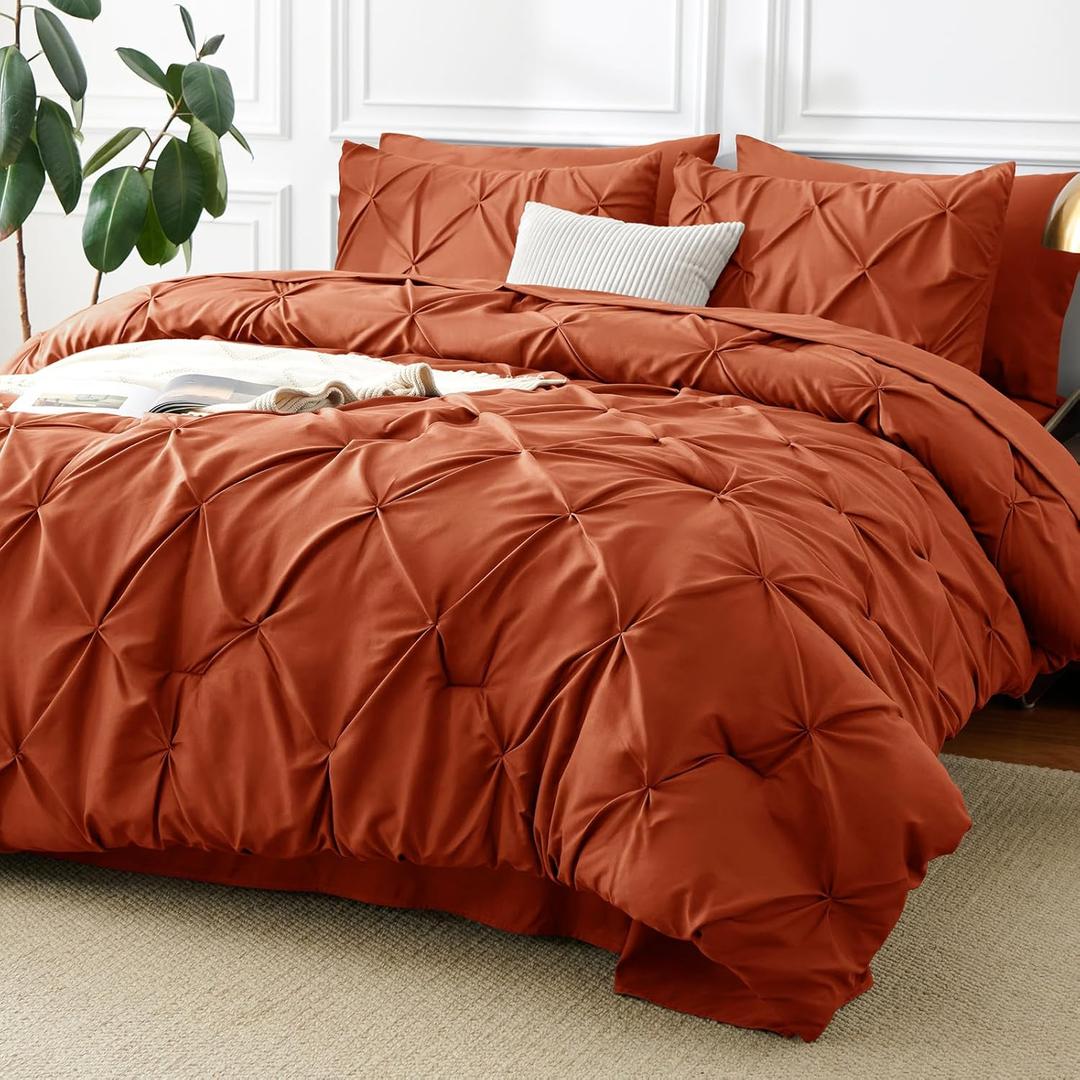 CozyLux Full Size Comforter Sets Burnt Orange, 7 Pieces Pintuck Bed in A Bag Terracotta Comforter Full Size, Pinch Pleat Bedding Sets with All Season Comforter, Sheets, Pillowcases & Shams