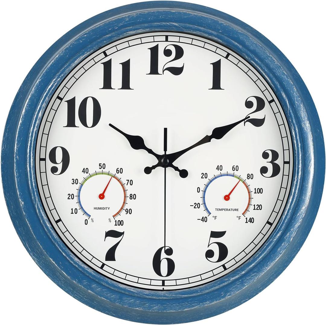 JENLYSTIME 13 Inch Outdoor Clock, Waterproof and Silent, with Thermometer and Hygrometer, Large Numbers for Easy Reading, Perfect for Home,Office,Bedroom,Kitchen,Porch,Garden,Pool (Blue)