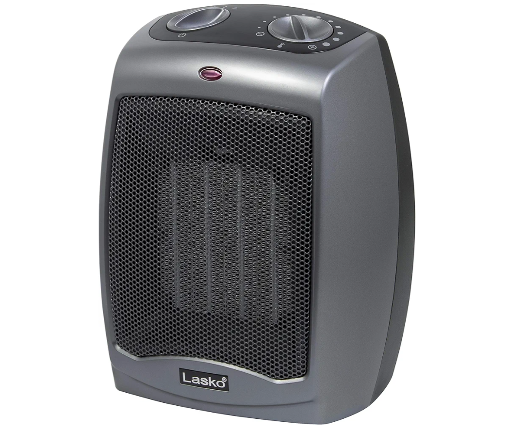 Lasko Portable Indoor Electric Ceramic Space Heater with Tip-Over Safety Switch, Overheat Protection and Thermostat, 2 Speeds, Safe for Home, 9.2 Inches, Dark Gray, 1500W, 754201