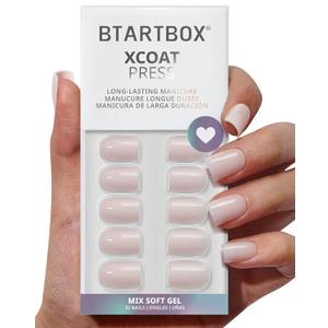 BTArtbox Press On Nails Square - Pastel Short Press On Nails with Glue for Women, Opaque Soft Gel Glue On Nails in 16 Sizes - 32 Stick On Nails Kit, Heeled Neutral