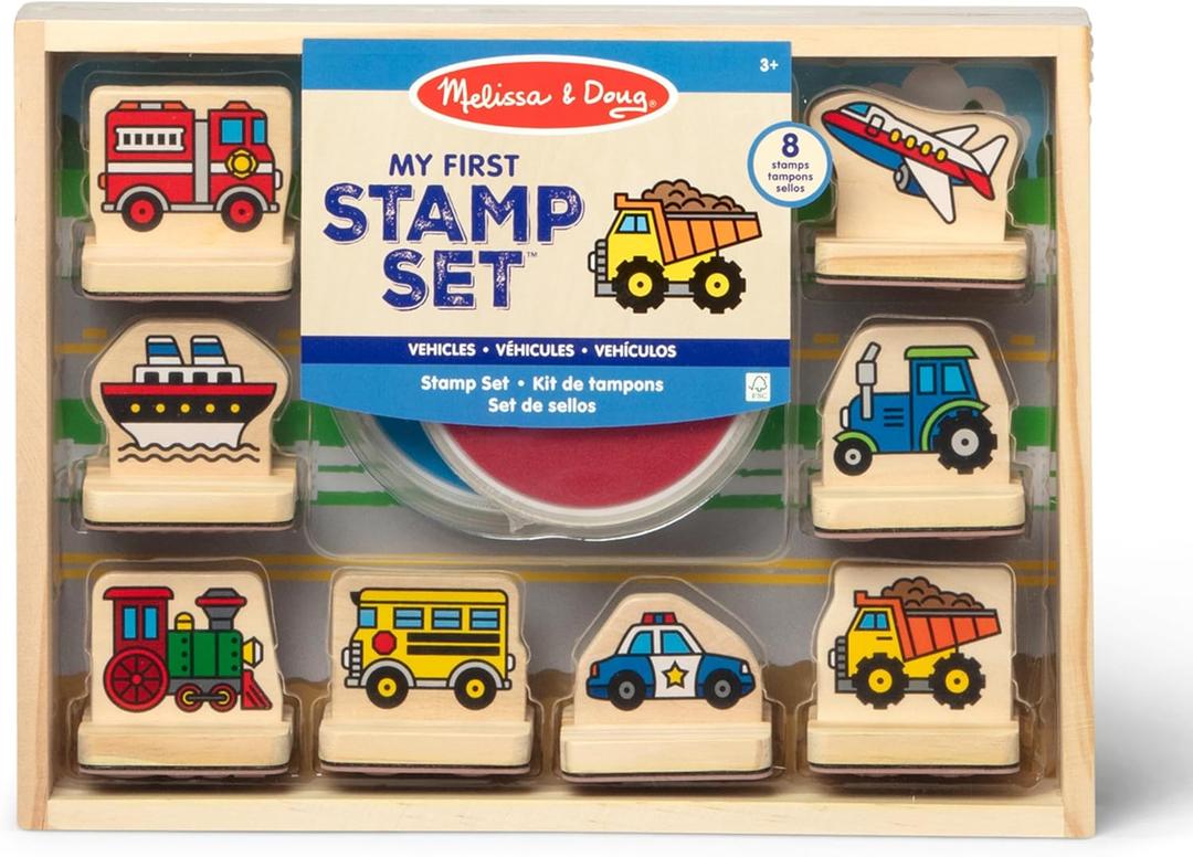Melissa & Doug My First Wooden Stamp Set - Vehicles Kids Art Projects, Stamps with Washable Ink, Vehicle Toys for Kids Ages 4+