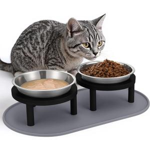 Elevated Cat Bowls with Food Mat,6.3 Inches Shallow Raised Bowls Whisker Friendly,2 Stainless Steel Cat Food and Water Dishes for Cats and Puppies,Dishwasher Safe(Black)
