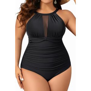 Aqua Eve Plus Size Swimsuit Women One Piece Swimsuit Tummy Control High Neck Bathing Suit Ruched Swimwear, Black, 18W