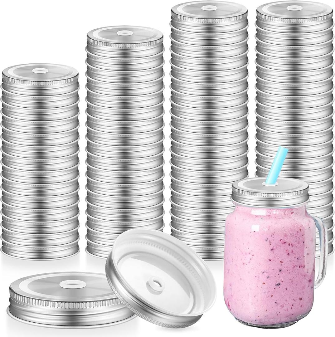 Mudder 26 Packs Mason Canning Jar Lids with Straw Hole for Metal Regular Wide Mouth Jar Mason Canning Lids with Straw Hole Leak Proof Reusable for Drinking Silver Diameter 2.75 Inches