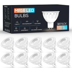 Torkase 10 Pack MR16 LED Bulbs, 5W 12V, GU5.3 Bi-Pin Base, 40 Degree Spotlight Bulb, 50 Watt Equivalent, Non-Dimmable, 500-Lumen, 6000K Cool White for Landscape Lighting, Recessed, Track Lighting