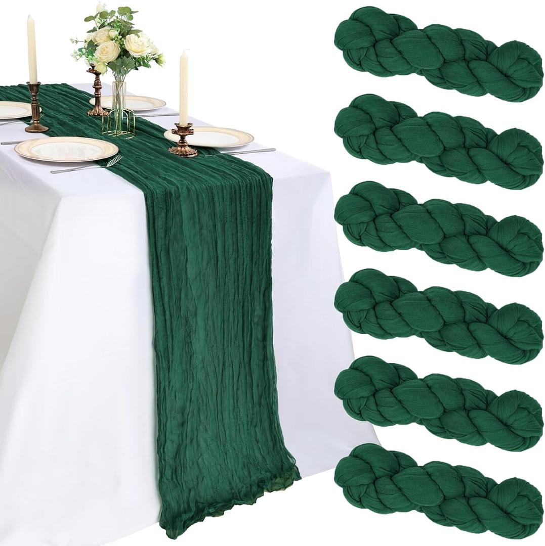 6 Pack 10FT Emerald Green Cheesecloth Table Runner 120 Inch Long Gauze Rustic Boho Cheese Cloth Table Runner Sheer Fabric for Wedding Party Birthday Baby Shower Centerpiece Home Decor