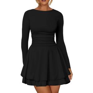 Kaximil Women's Crew Neck Long Sleeve Corset Mini Dress Ruffle Hem Short Party Club Dresses (Large, Black)